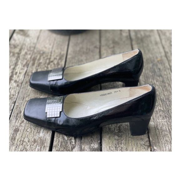 Vintage HARSON Pumps Square Toe Chunk Heel Black Metallic Sz 35.5 - Picture 3 of 13